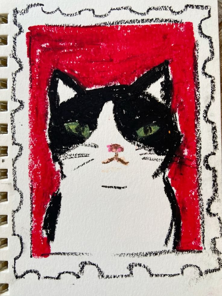 Chat noir et blanc peint dans un cadre rouge