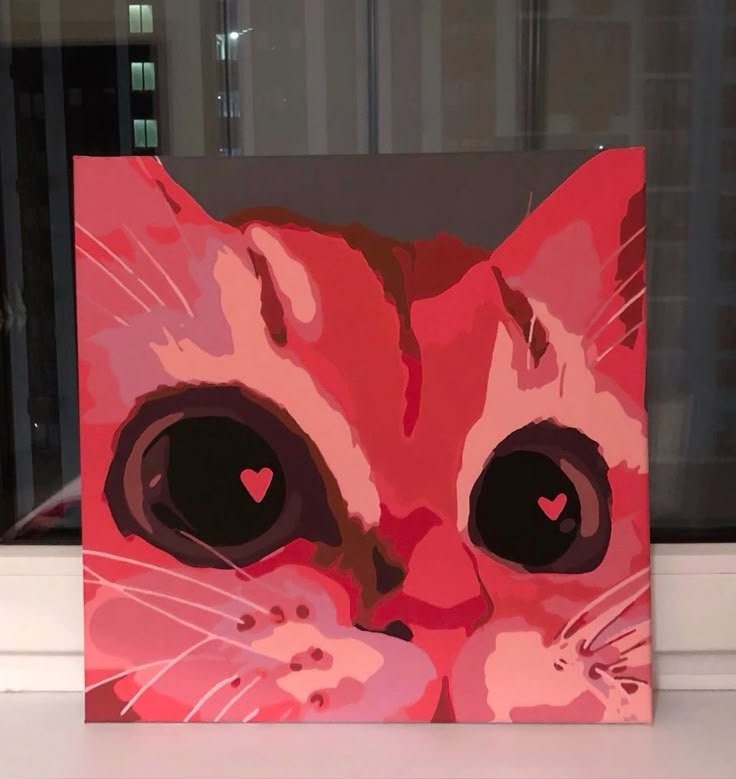 Portrait de chat roux aux yeux en cœur, peint sur toile