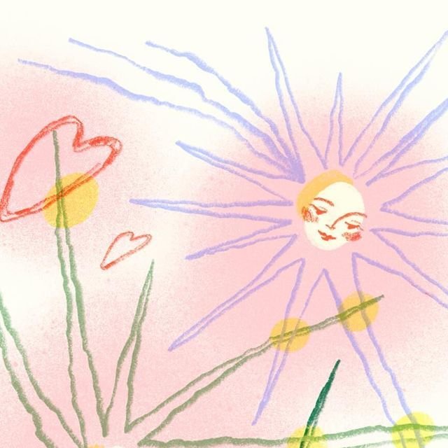 Soleil souriant et fleurs au pastel