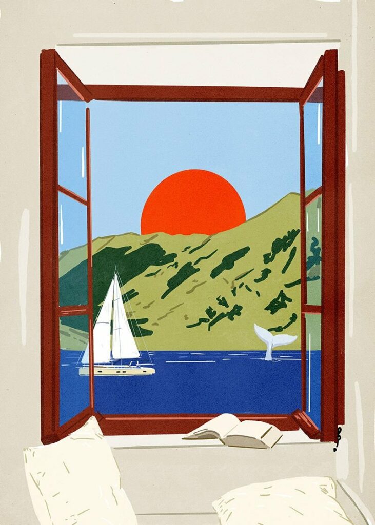 Fenêtre ouverte sur la mer et un soleil couchant