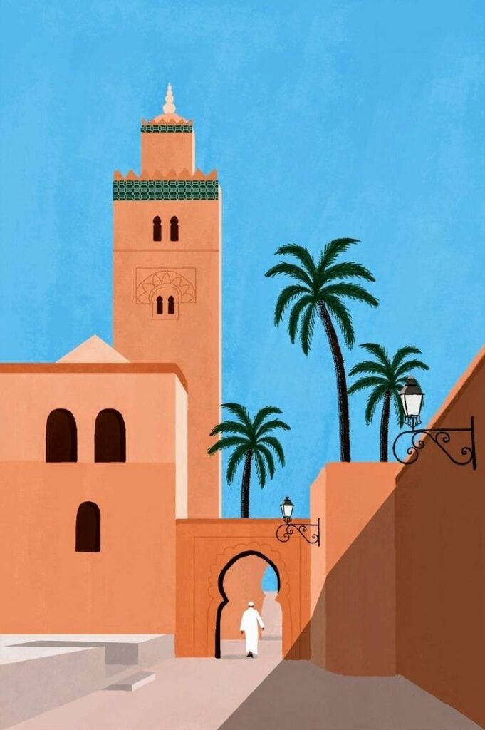 Rue de Marrakech avec minaret et palmiers