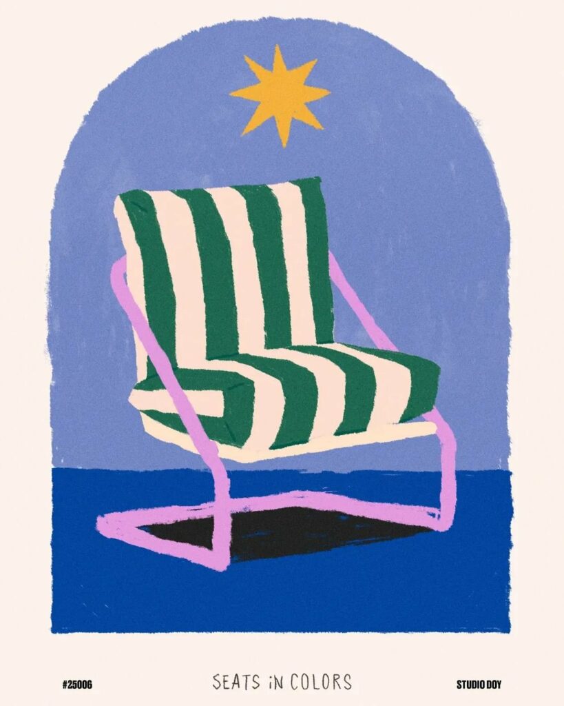 Fauteuil rayé sous un soleil, « Seats in colors »