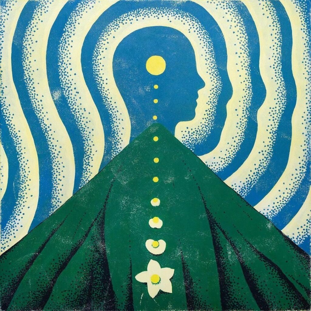 Silhouette de profil entourée d’ondes, fleurs le long du corps