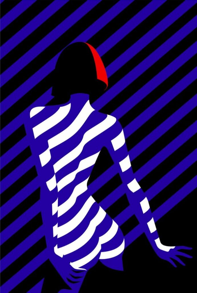 Femme en maillot rayé sur fond à rayures
