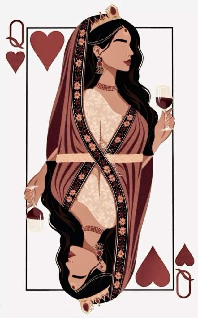 Dame de cœur tenant un verre de vin