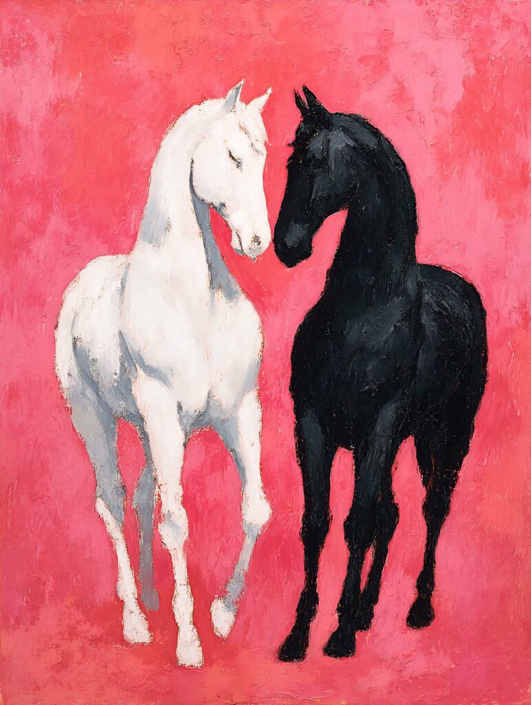Chevaux blanc et noir sur fond rose