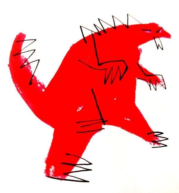 Dinosaure rouge au trait noir