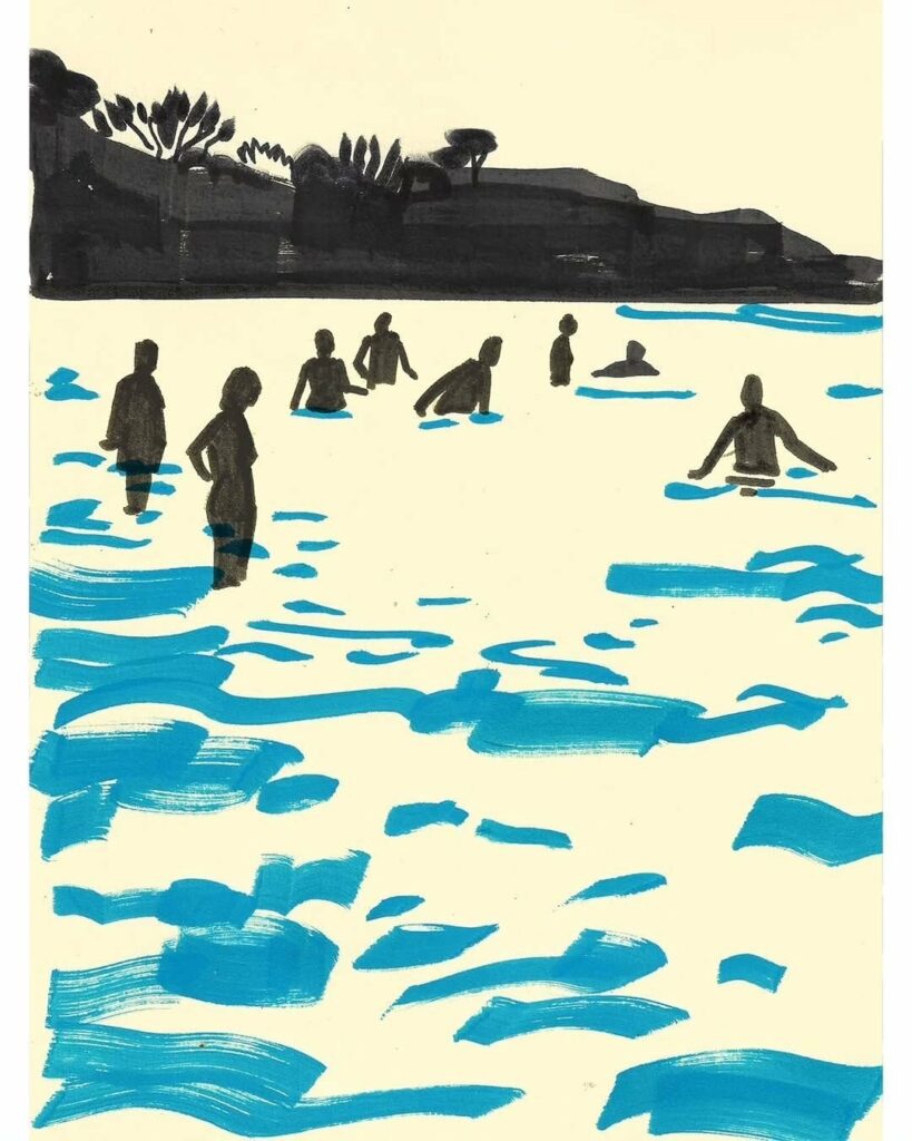 Baigneurs dans une mer bleue