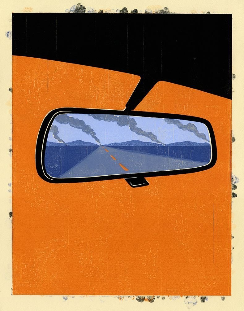 Rétroviseur et route, sur fond orange