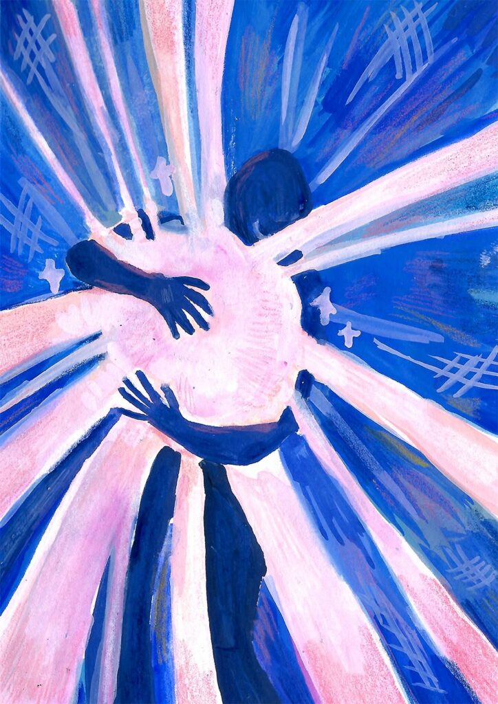 Silhouettes enlacées dans des rayons roses et bleus