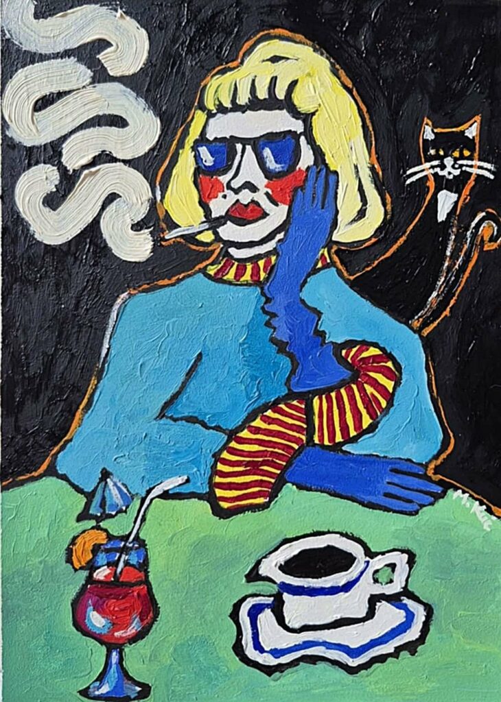 Femme attablée au café avec un chat, style naïf