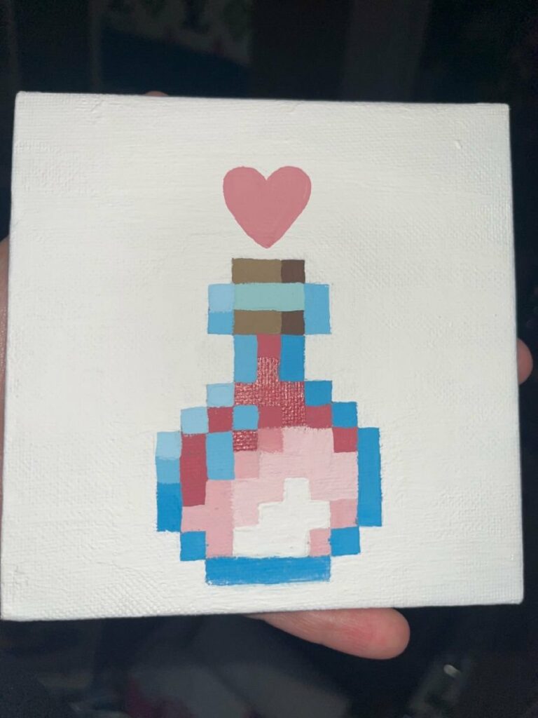 Flacon en pixels surmonté d’un cœur, peint sur toile