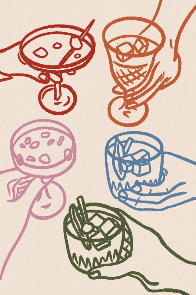 Mains trinquant, dessin au trait coloré