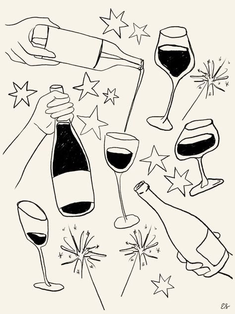Bouteilles, verres et étoiles, dessin au trait