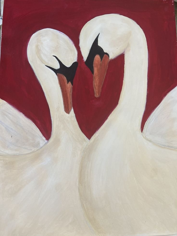 Deux cygnes blancs sur fond rouge